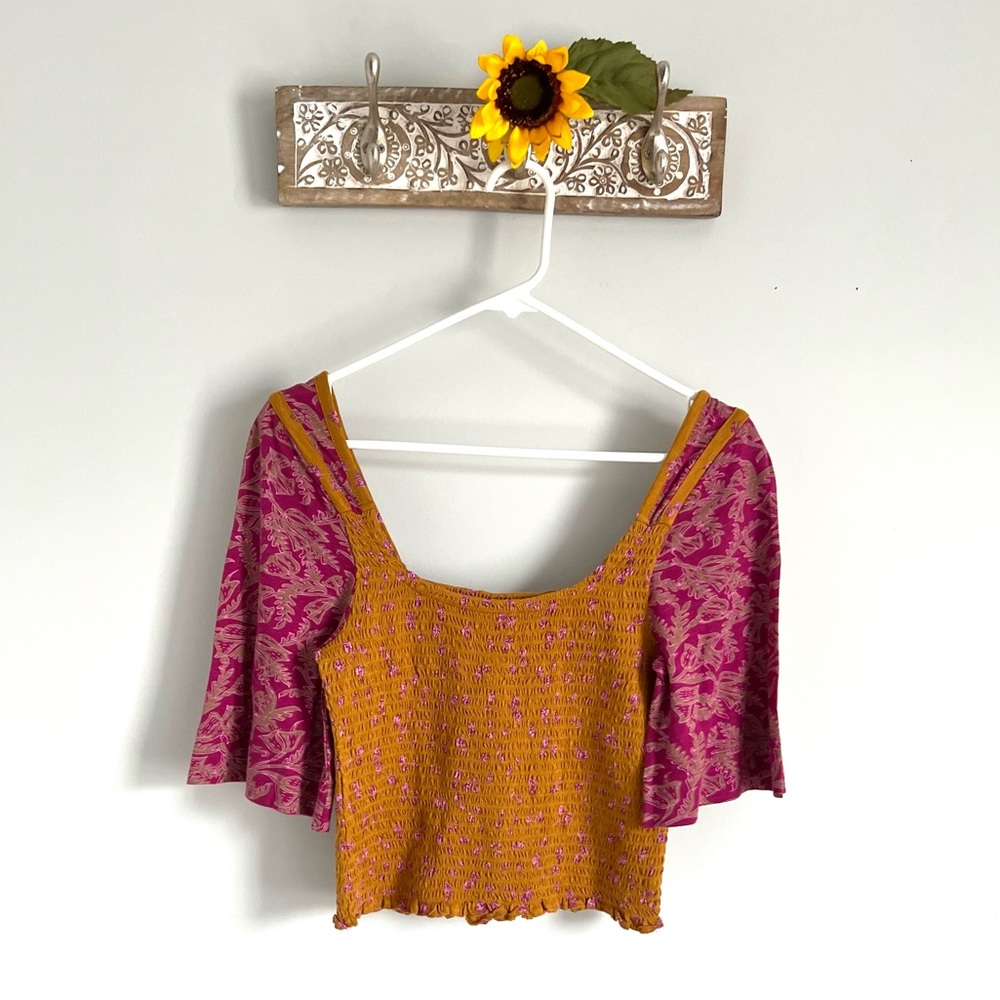 FREE PEOPLE Marigold Top - Size Small-Golden Floral Smocked Boho Crop Blouse-NWT - Picture 4 of 16